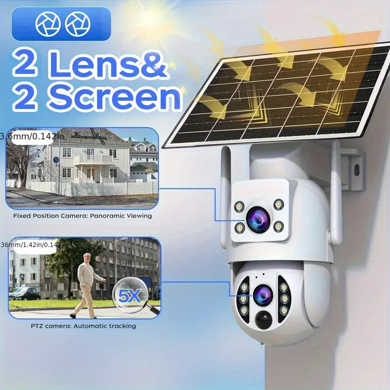 Telecamera ptz wifi con pannello solare doppio occhio