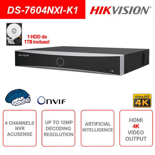 NVR IP ONVIF® 4 canali Hikvision AcuSense - Intelligenza artificiale - FIno a 12MP - 1HDD da 1TB incluso!