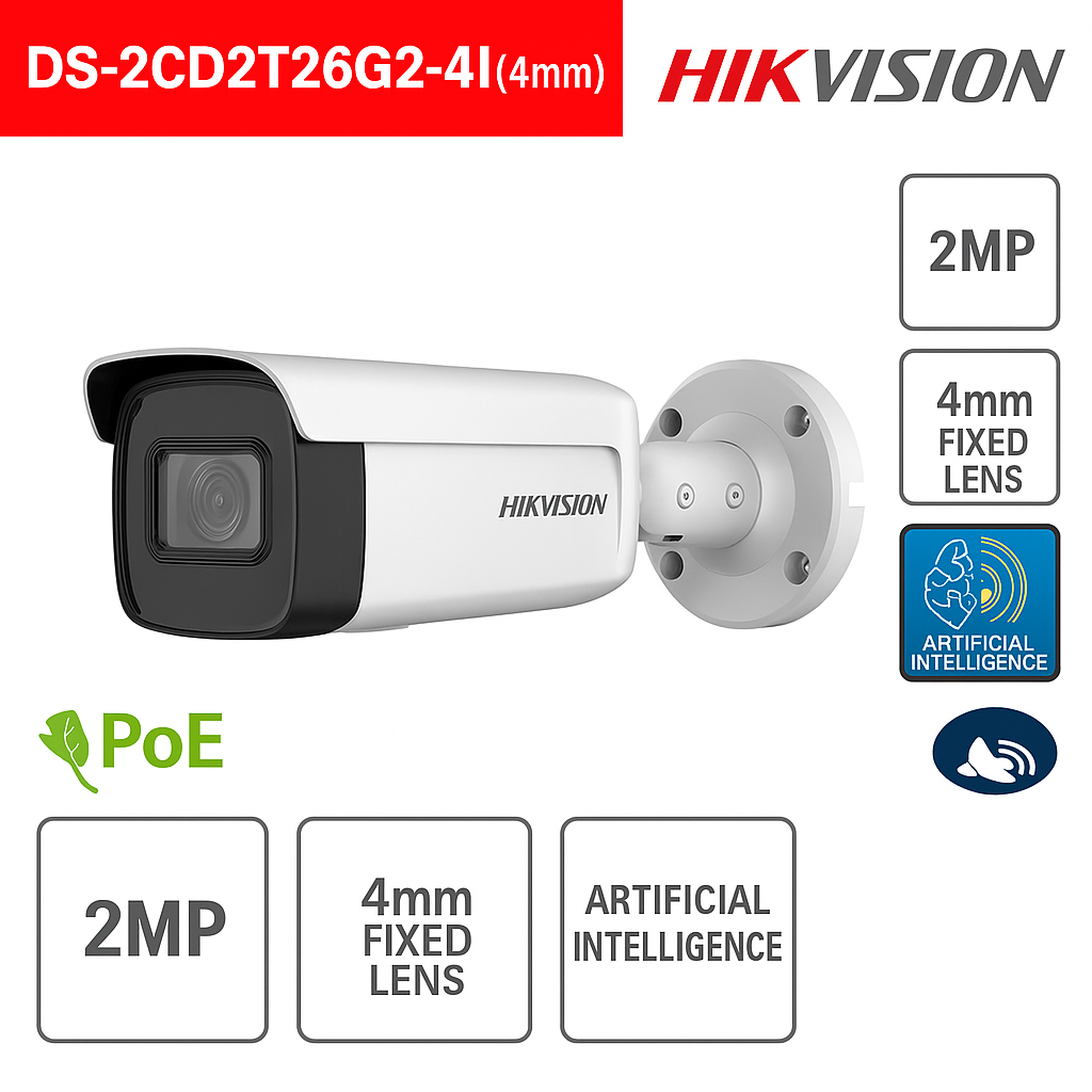 Telecamera Bullet IP POE - 2MP Full HD - Ottica fissa 4mm - Intelligenza artificiale