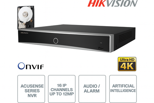 NVR IP ONVIF® - 16 canali IP - Fino a 12MP - Intelligenza artificiale - Audio - Allarme - 1HDD da 2TB incluso