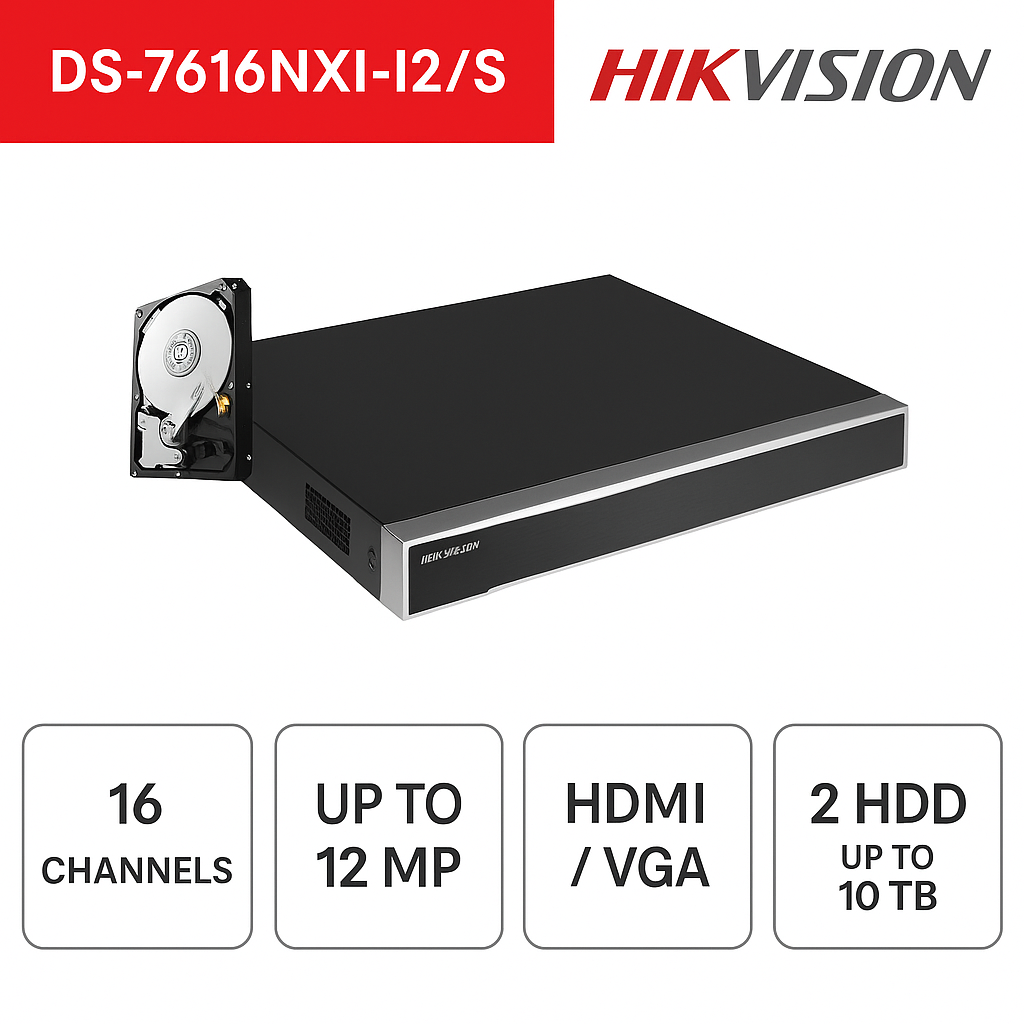 NVR 16 canali 12 MP 4K ULTRA HD H.265+ HDMI VGA - Hikvision - DS-7616NXI-I2/S