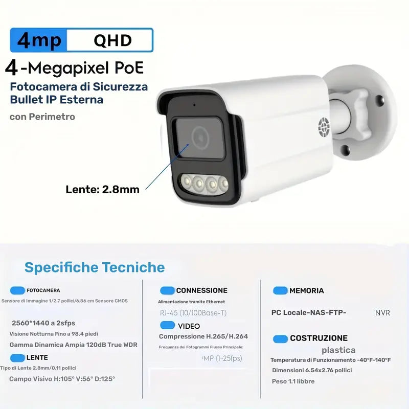 TELECAMERA IP POE BULLET  DA 2,8MM 4MP