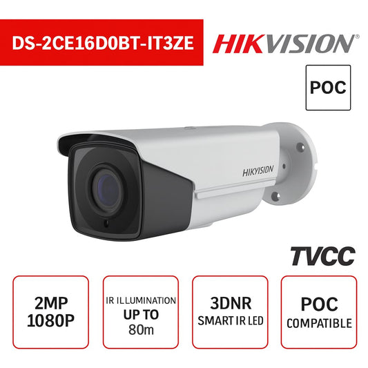 Telecamera Hikvision Ultra Low-Light 2MP POC Camera HD Turbo TVI Motorizzata EXIR 80M WDR