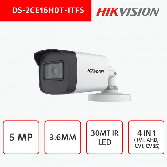 Telecamera Mini Bullet 3.6mm 5 MP Exir 2.0 4in1 IP67 - DS-2CE16H0T-ITFS - Hikvision