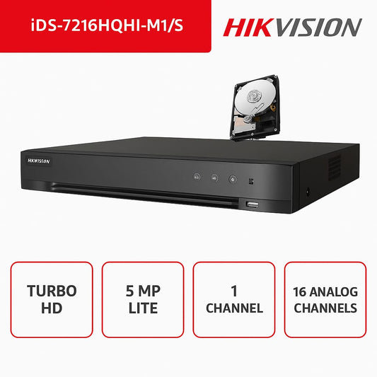 iDS-7216HQHI-M1/S - Hikvision - Turbo Acusense DVR ONVIF® - 5in1 - 2 canali IP - 16 canali analogici 6MP - Include HDD da 1TB