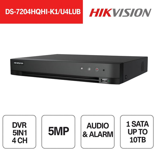 DVR 4 Canali AcuSense con Audio, H.265 Pro+, Supporto 5MP e AI per Rilevamento Intelligente - Hikvision