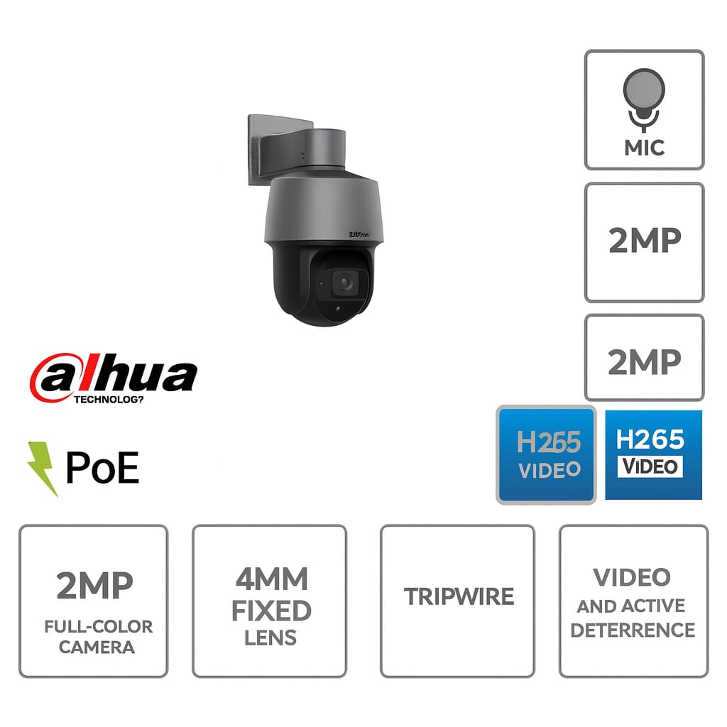 Telecamera IP Full-Color 2MP, ottica 4mm, PoE, deterrenza attiva (audio/led bianco)