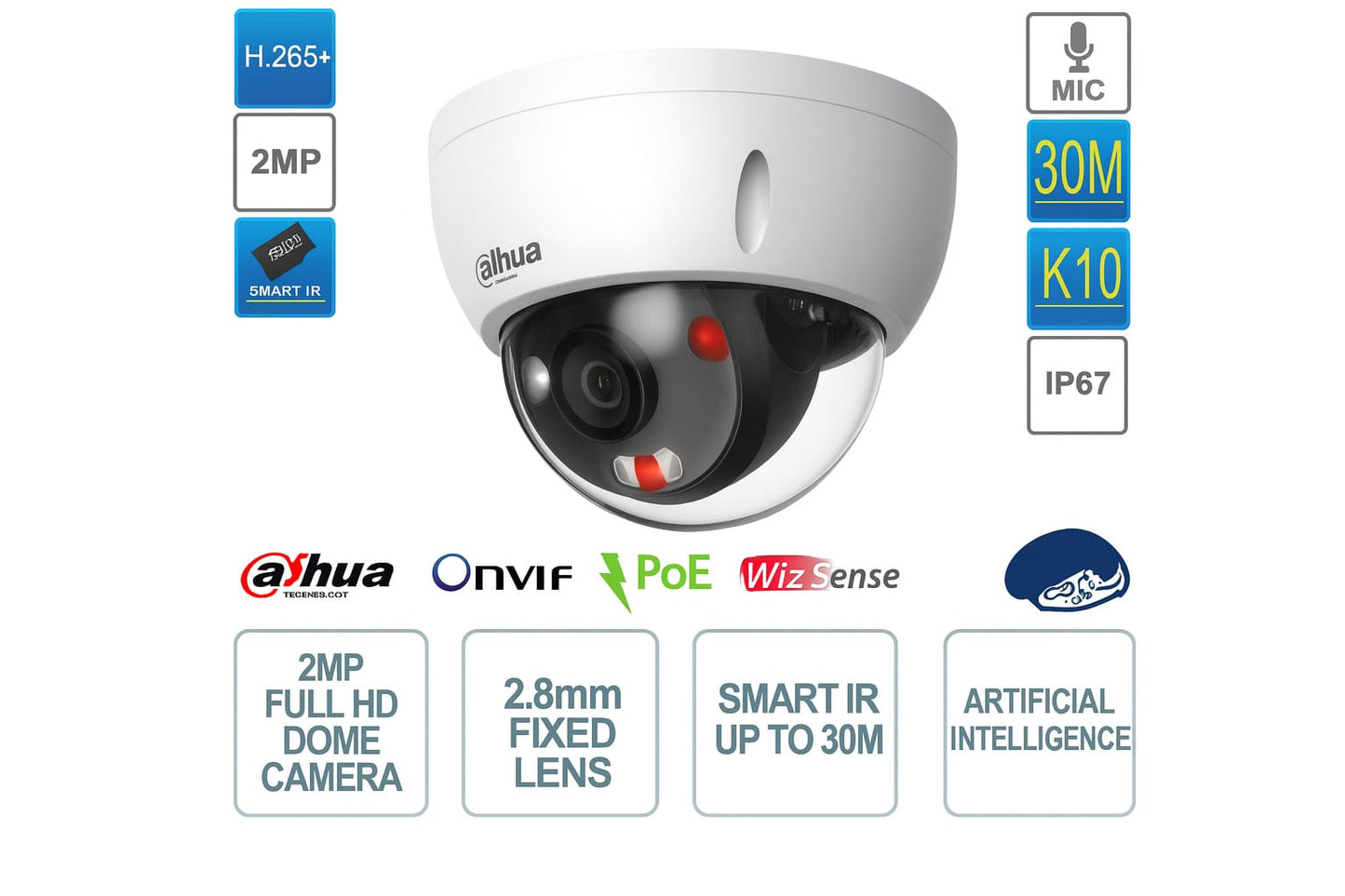 Telecamera dome 2MP IP POE ONVIF® - Ottica 3.6mm - Smart IR 30m - Intelligenza artificiale - Bianca - Dahua