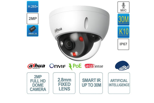 Telecamera dome 2MP IP POE ONVIF® - Ottica 3.6mm - Smart IR 30m - Intelligenza artificiale - Bianca - Dahua