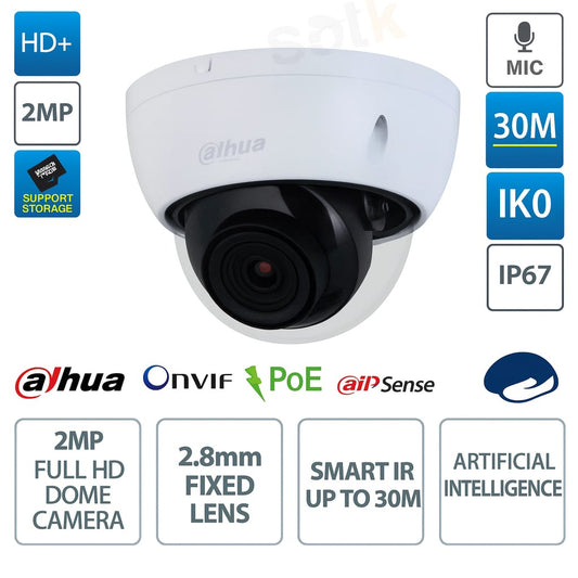Telecamera dome 2MP IP POE ONVIF® - Ottica 3.6mm - Smart IR 30m - Intelligenza artificiale - Bianca - Dahua