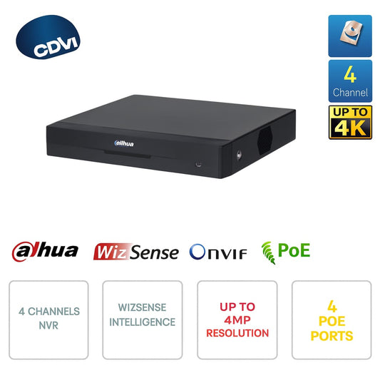 NVR IP PoE ONVIF® 4 canali - Fino a 12MP - 4 porte PoE - Intelligenza artificiale