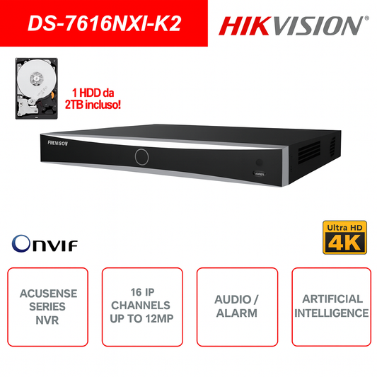NVR IP ONVIF® - 8 canali IP - Fino a 12MP - Intelligenza artificiale - Audio - Allarme - 1HDD da 1TB incluso