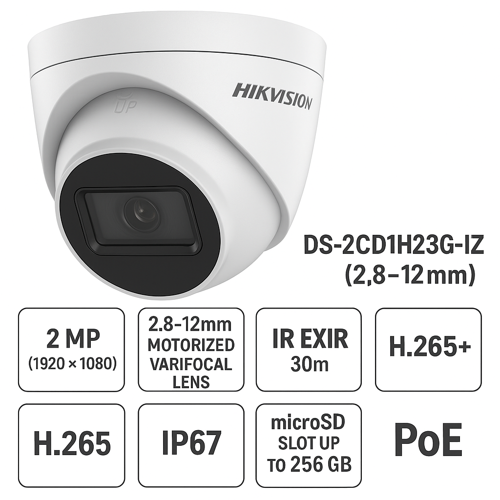 DS-2CD1H23G0-IZ - Telecamera Hikvision IP POE 2.0MP 2.8-12mm IR H.265+ Turret Camera 2MP
