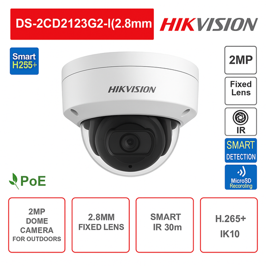 Telecamera Dome da esterno IP POE - 2MP Full HD - Ottica 2.8mm - Smart IR 30m - Video Analisi